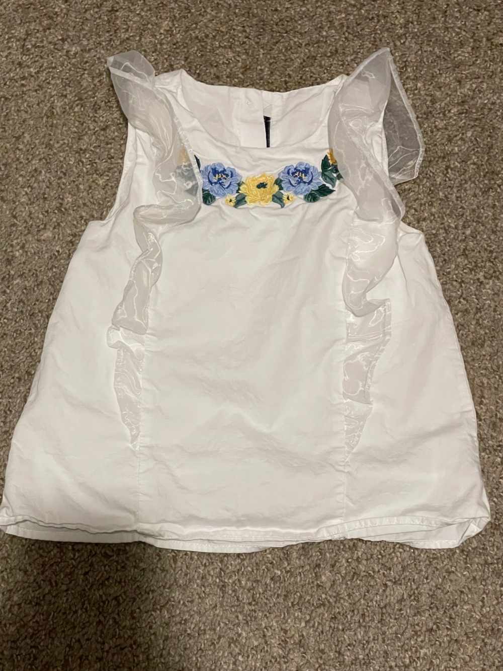 Janie and Jack White Sleeveless Ruffle Top with Blue & Yellow Floral Embroidery